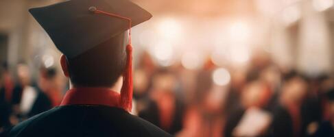 The graduate proudly stands at a ceremony, embracing a moment of achievement. photo