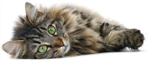 The fluffy cat with striking green eyes relaxing peacefully on a surface. photo