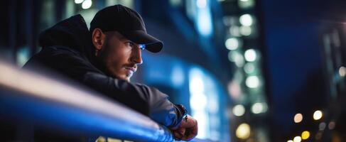 The contemplative man leaning against a railing in an urban night setting. photo