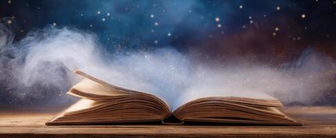 The enchanting book surrounded by a magical starry atmosphere. photo