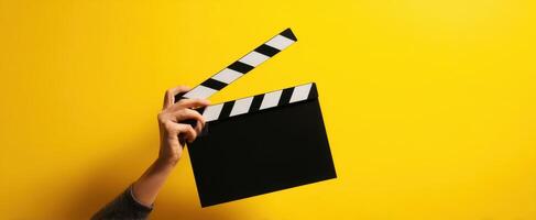 The iconic clapperboard held high against a bright yellow background. photo