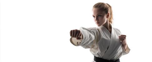 The action-packed karate punch of a focused young martial artist. photo