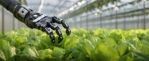 The robotic hand reaching for fresh lettuce in a high-tech greenhouse photo
