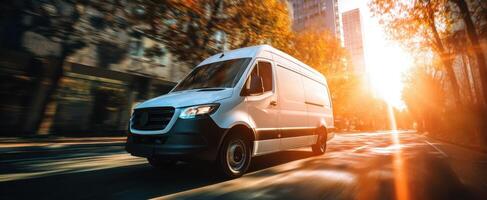 The modern delivery van navigating through an urban sunset landscape. photo