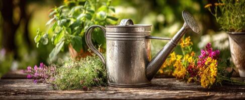 The vintage watering can amidst vibrant flowers and lush greenery. photo