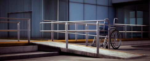 The wheelchair positioned at an accessible ramp in a modern urban environment. photo