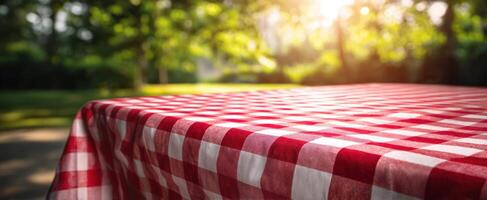 The red checkered tablecloth invitingly set for a sunny picnic. photo
