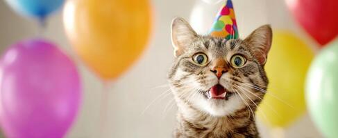 The cheerful cat donning a party hat amidst vibrant balloons celebrating a joyful occasion. photo
