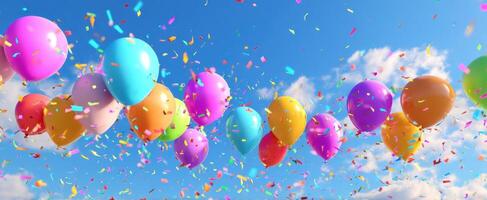 The vibrant balloons floating joyfully against a bright blue sky with confetti. photo