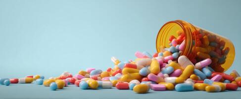 The colorful capsules spilling from a prescription bottle on a blue background. photo