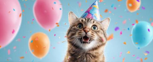 The joyful cat celebrating with balloons and a party hat at a fun birthday bash. photo