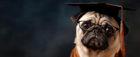 The pug wearing glasses and a graduation cap celebrating academic achievement. photo