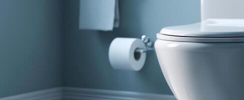 The modern toilet with elegant soft blue bathroom design. photo