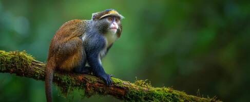The vibrant monkey perched on a moss-covered branch in its natural habitat. photo