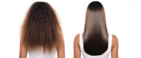 The striking transformation of hair from curly to sleek and straight. photo