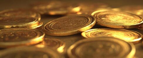 The collection of gleaming gold coins stacked elegantly on a surface. photo