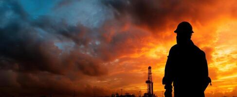The silhouette of a worker against a vibrant sunset at an oil drilling site. photo