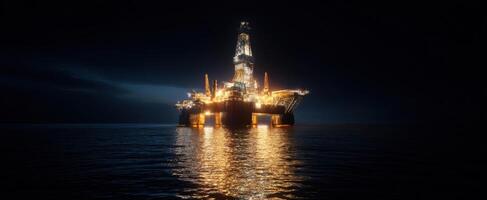 The illuminated oil rig standing majestically on the calm ocean at night. photo