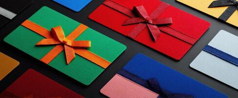 The vibrant display of assorted gift cards with decorative bows. photo