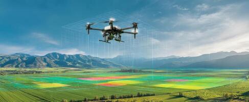 The drone flying over vibrant agricultural fields for data analysis and monitoring. photo