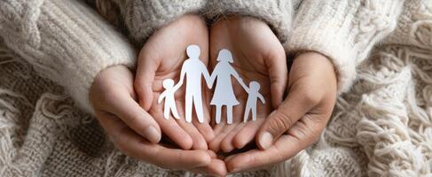 The hands holding paper cutouts of a loving family symbolizing unity and support. photo
