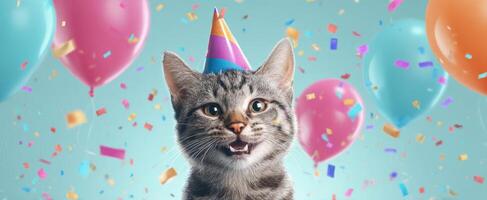 The playful cat wearing a birthday hat surrounded by colorful balloons and confetti. photo