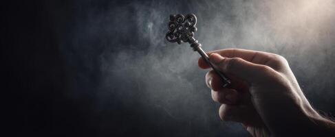The antique key held in a hand against a smoky background. photo