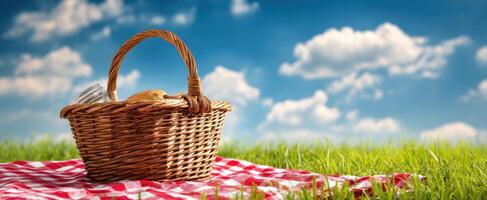 The charming picnic basket resting on a checkered blanket under the sunny sky. photo