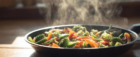 The vibrant fresh vegetables steaming in a sizzling frying pan. photo