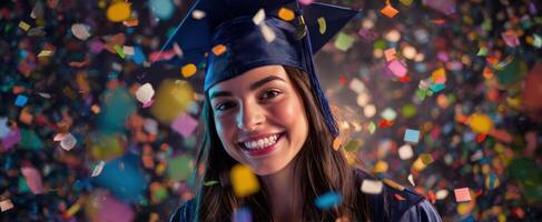 The joyful graduate celebrating achievement with colorful confetti in the background. photo