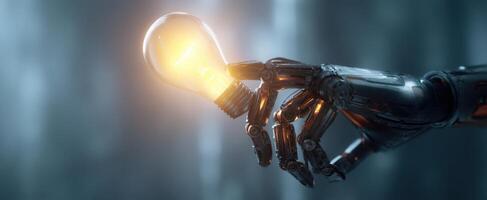 The robotic hand gently holding a glowing lightbulb in a futuristic setting. photo