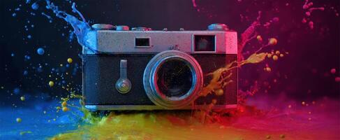The vibrant splash of color surrounding a vintage camera in a creative setting. photo