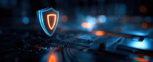 The glowing shield representing digital security on a circuit board. photo