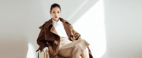 The elegant woman seated in a stylish trench coat and skirt. photo