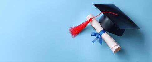 The graduation cap and diploma representing educational success and achievement. photo