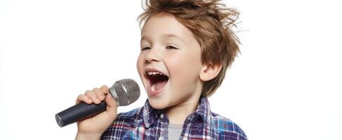 The joyful boy singing into a microphone with enthusiasm and energy. photo