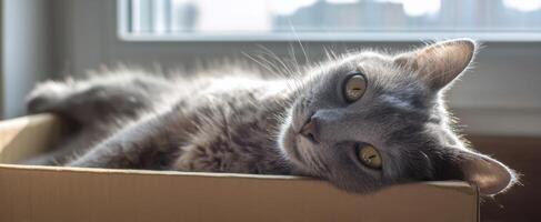 The adorable gray cat lounging lazily in a cozy cardboard box. photo