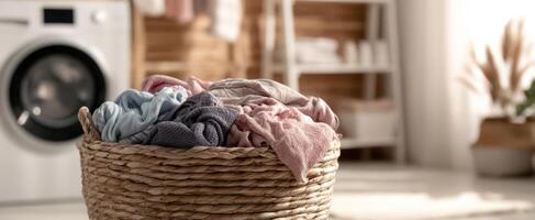 The laundry basket filled with freshly washed textiles in a cozy home setting. photo