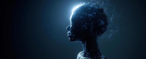 The luminous silhouette of a person surrounded by cosmic energy and creativity. photo