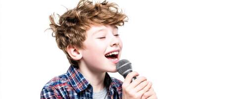 The young boy singing joyfully with a microphone in a bright studio setting. photo