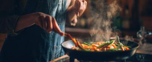 The vibrant vegetables sizzling in a cozy kitchen stir-fry. photo
