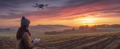 The drone soaring above a serene sunset landscape in the countryside. photo