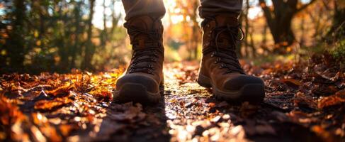 The Hiking Boots on a Leaf-Covered Trail in Autumn Light photo