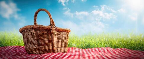 The charming picnic basket resting on a sunny grassy field. photo