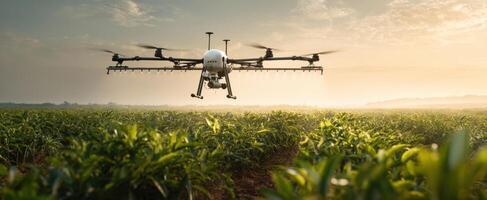 The drone hovering above a lush green agricultural field at sunset. photo