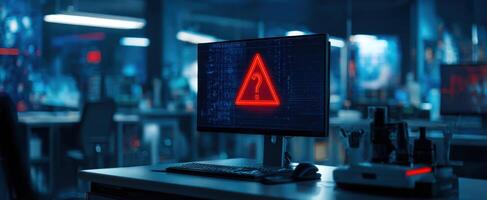 The computer screen displays a warning symbol in a modern workspace. photo