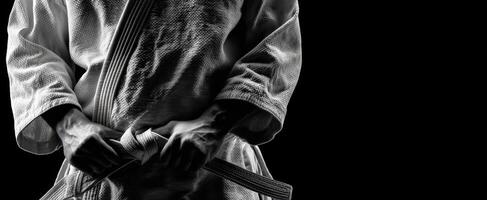 The athlete adjusting his belt in a dramatic black and white portrait. photo
