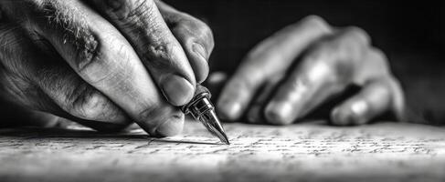 The Hands Writing a Thoughtful Letter with a Vintage Pen on Paper. photo