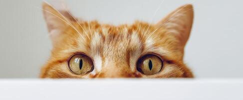 The curious cat peeking over a surface with expressive eyes. photo