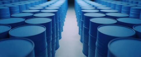 The rows of blue barrels lined up in a large storage facility. photo
